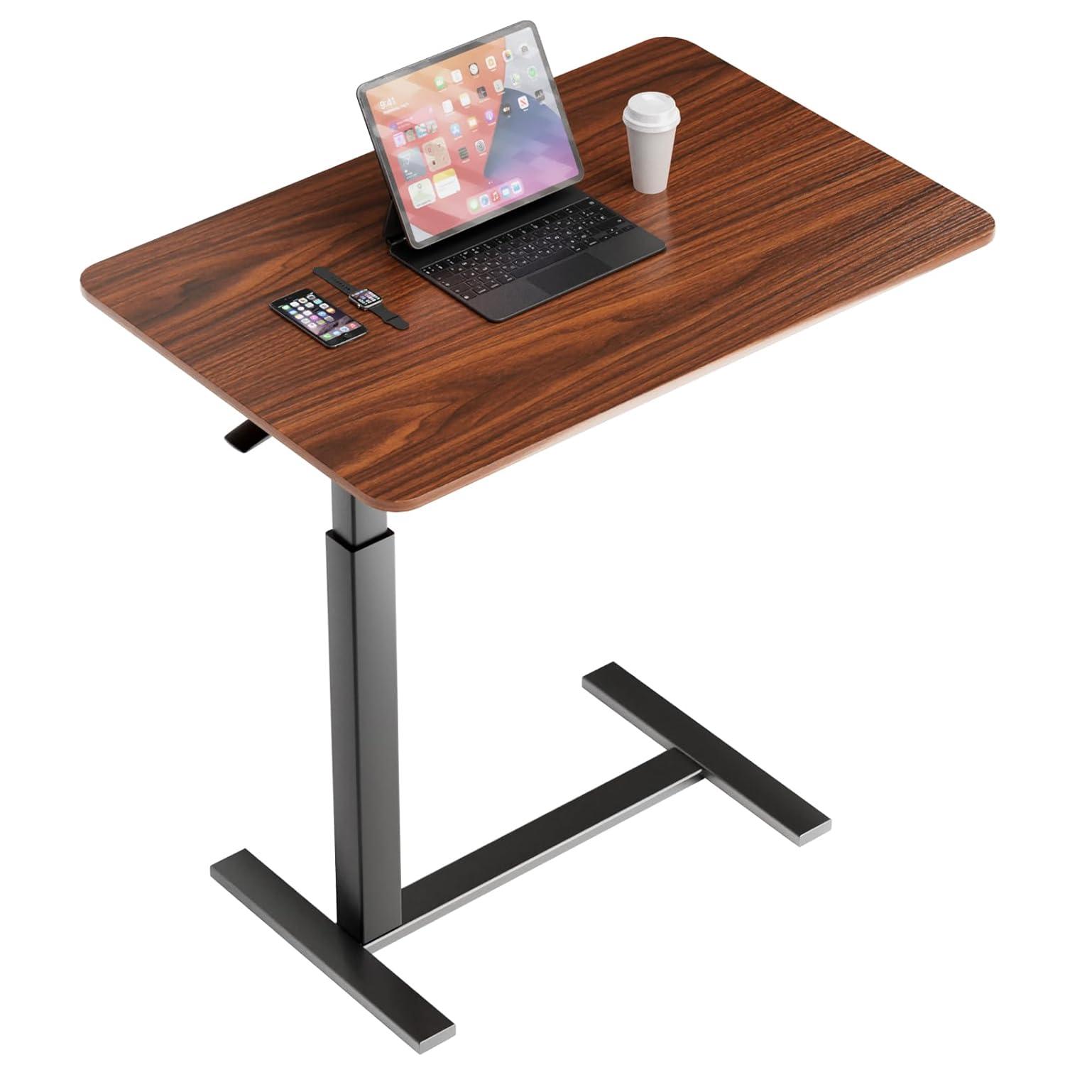 Sweetcrispy Overbed Bedside Table with Wheels, Adjustable Hospital & Home Use Bed Rolling Laptop Table, Mobile Standing Desk, Rustic Brown