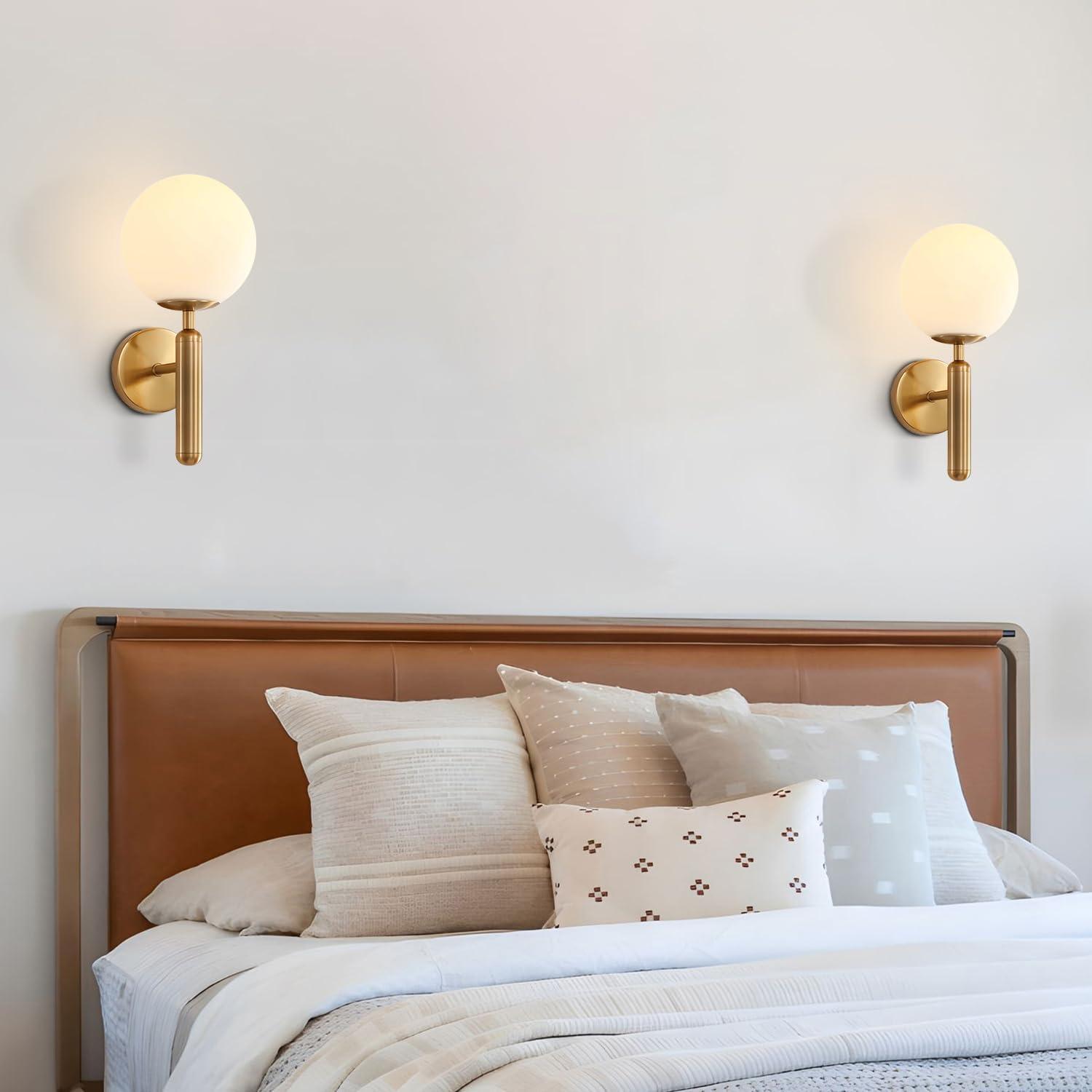 Gold Wall Sconce Set of 2 Globe Glass Wall Light Fixtures Bathroom Vanity Light Mid-Century Modern Wall Sconce Lamp with Frosted Glass Shade for Hallway Bedroom Living Room