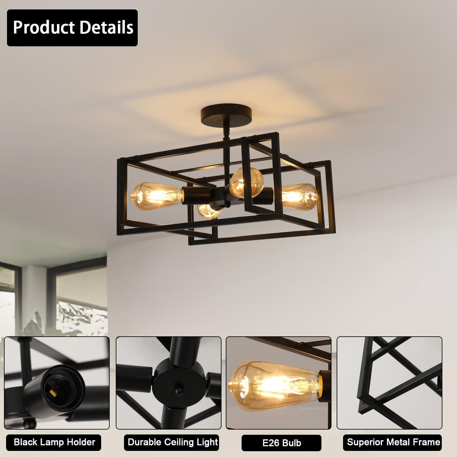 Matte Black 4-Light Industrial Farmhouse Ceiling Fixture