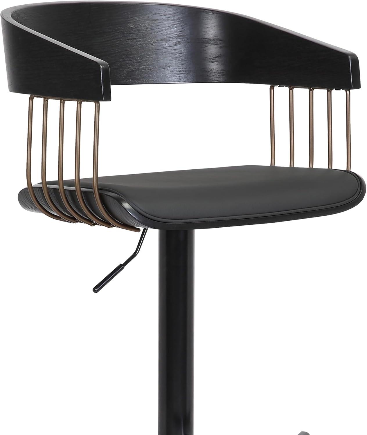 Larisa Adjustable Black Wood Bar Stool in Black Faux Leather with Golden Bronze and Black Metal