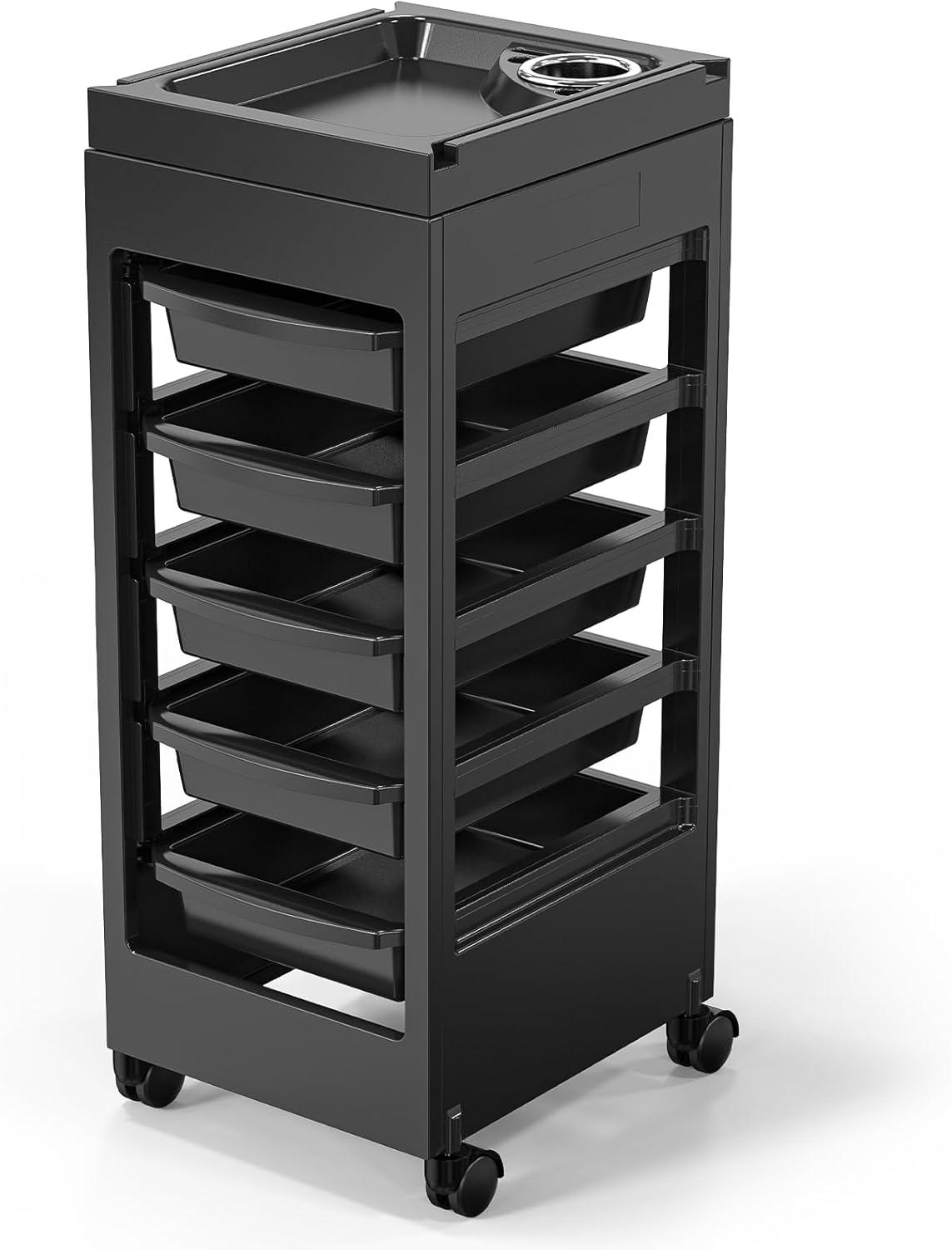 Salon Trolley Cart with Wheels, 5 Drawers, Hair Dryer Holder, Hair Cart Organizer, Portable Barber Station for Hairdressing Styling Beauty Tools, Black