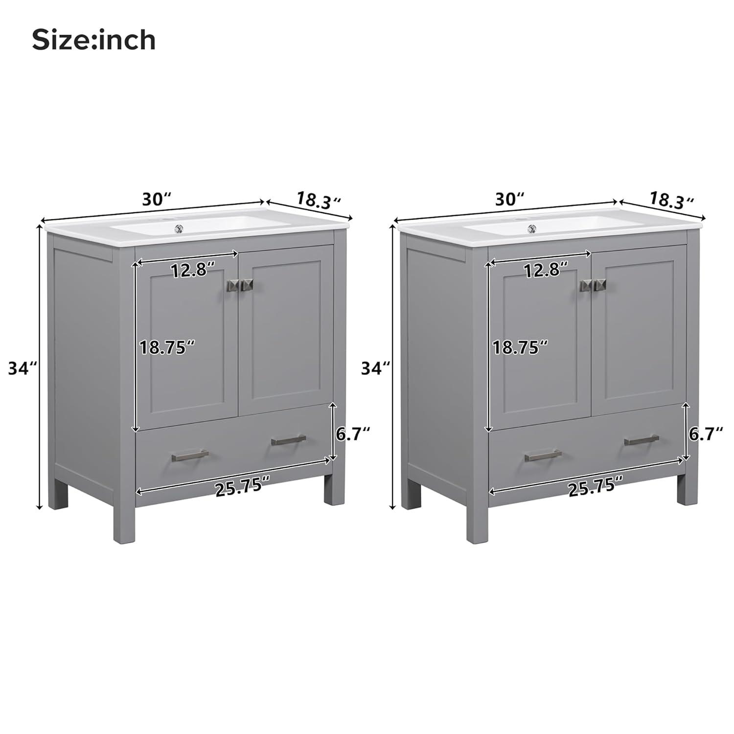 60" Bathroom Vanity Set,Double Vanities (Separate), Double Ceramic Sinks, Storage Shelf, and Divided Drawers (Mirror not Included)– Modern Bathroom Solution for Spacious Bathrooms,Grey