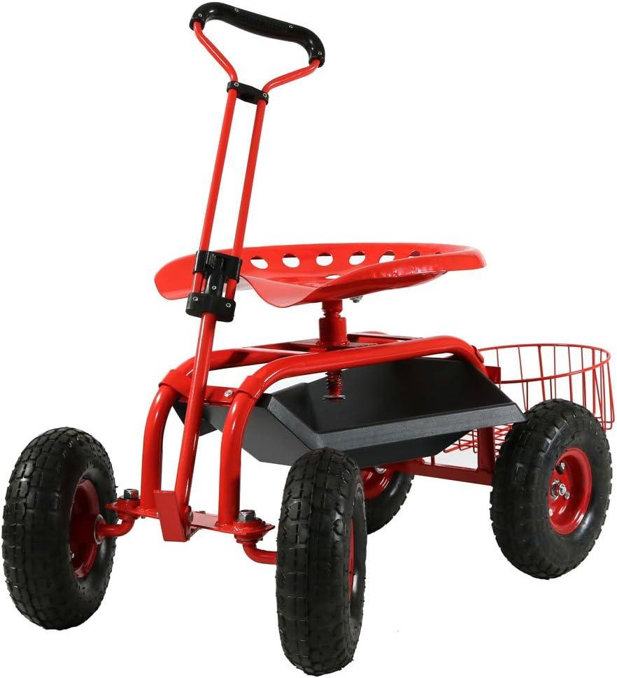 SunnyDaze Decor Steel Steering Handle Swivel Seat & Basket Garden Cart