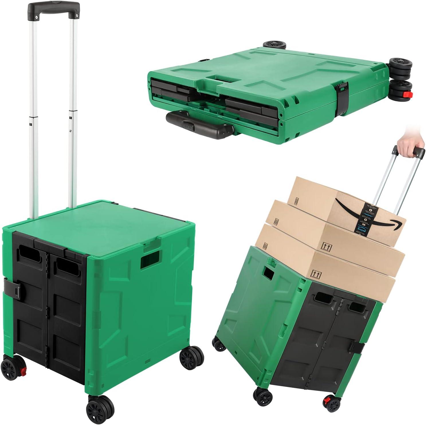 Folding Utility Cart Portable Rolling Crate Hand Truck Teacher Cart Heavy Duty Plastic Telescoping Handle Collapsible Hidden Lid Swivel Wheel for Travel Shopping Move Office(Dark Green Black)