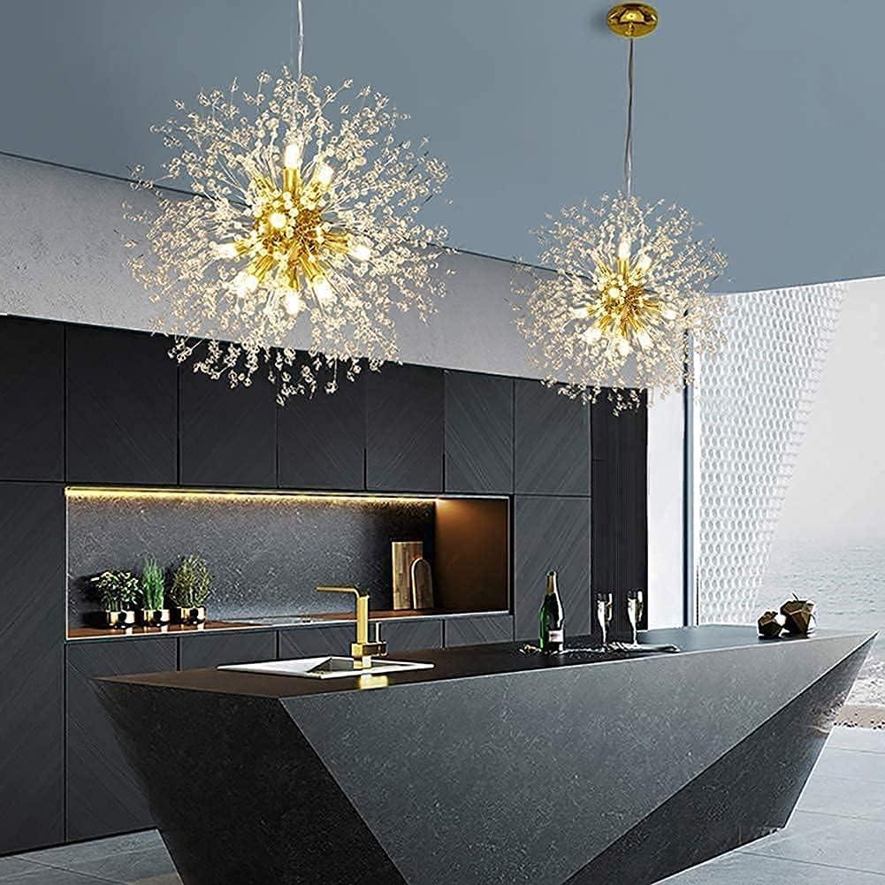 Mercer41 Modern Gold Crystal Chandelier With 12-Light Firework Design, Adjustable Dandelion Pendant Lighting For Dining Room, Living Room, Bedroom, Kitchen, And Hallway