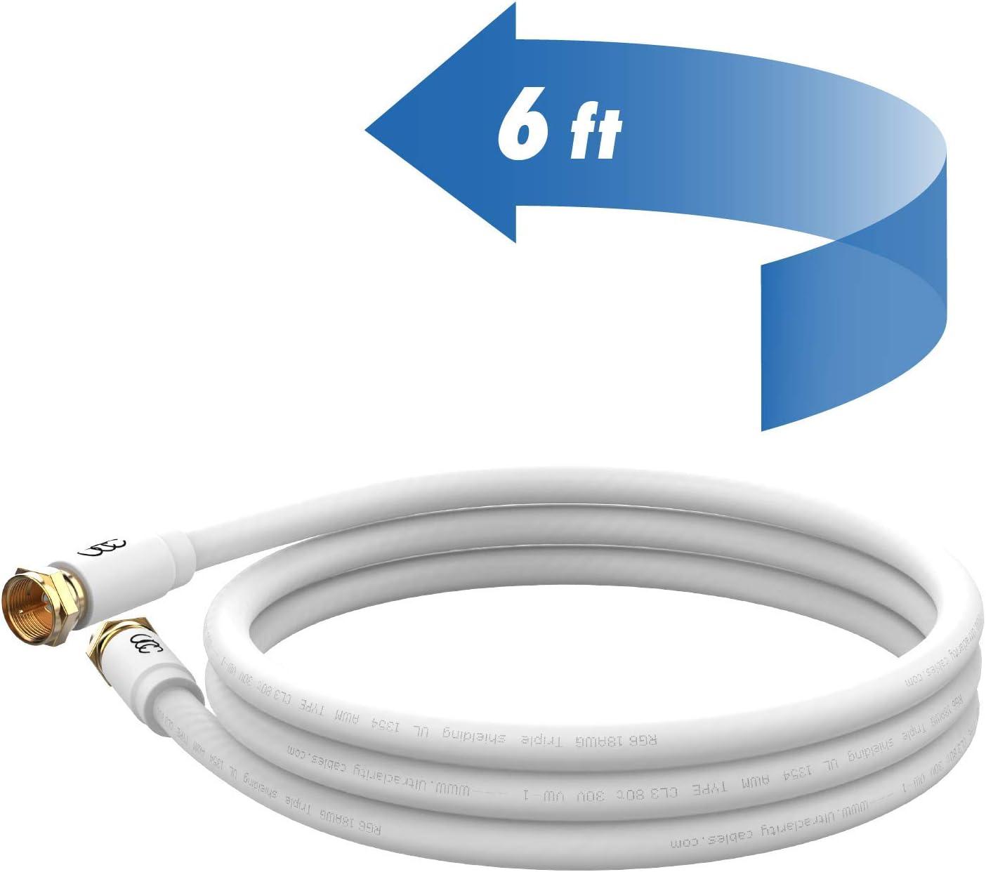 Ultra Clarity Cables Coaxial Cable, Triple Shielded RG6 Coax Cable for TV, In-Wall Rated Gold Plated Connectors Digital Audio Video with Male F Connector Pin, Antenna Cable, White, 6 Feet
