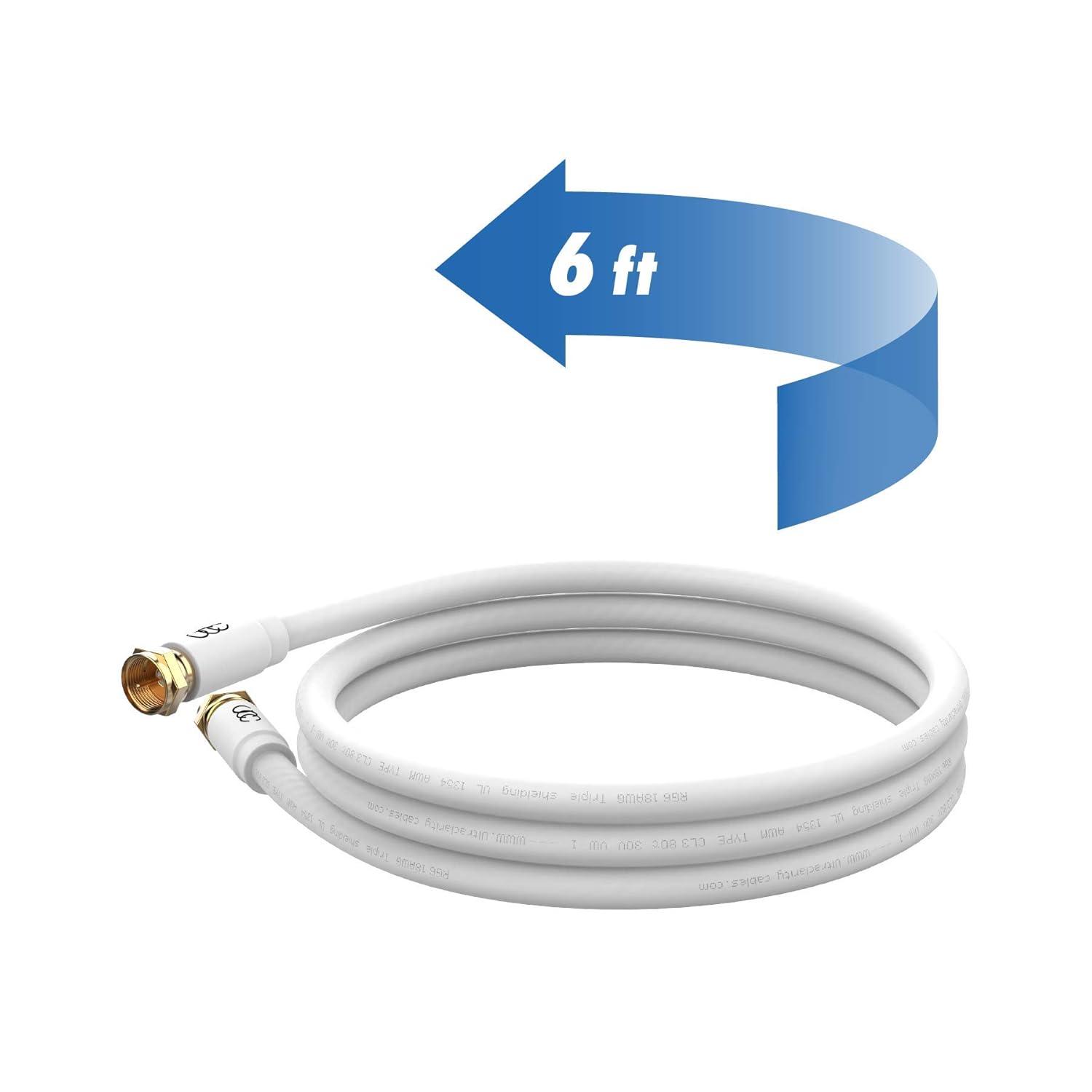 Ultra Clarity Cables Coaxial Cable, Triple Shielded RG6 Coax Cable for TV, In-Wall Rated Gold Plated Connectors Digital Audio Video with Male F Connector Pin, Antenna Cable, White, 6 Feet