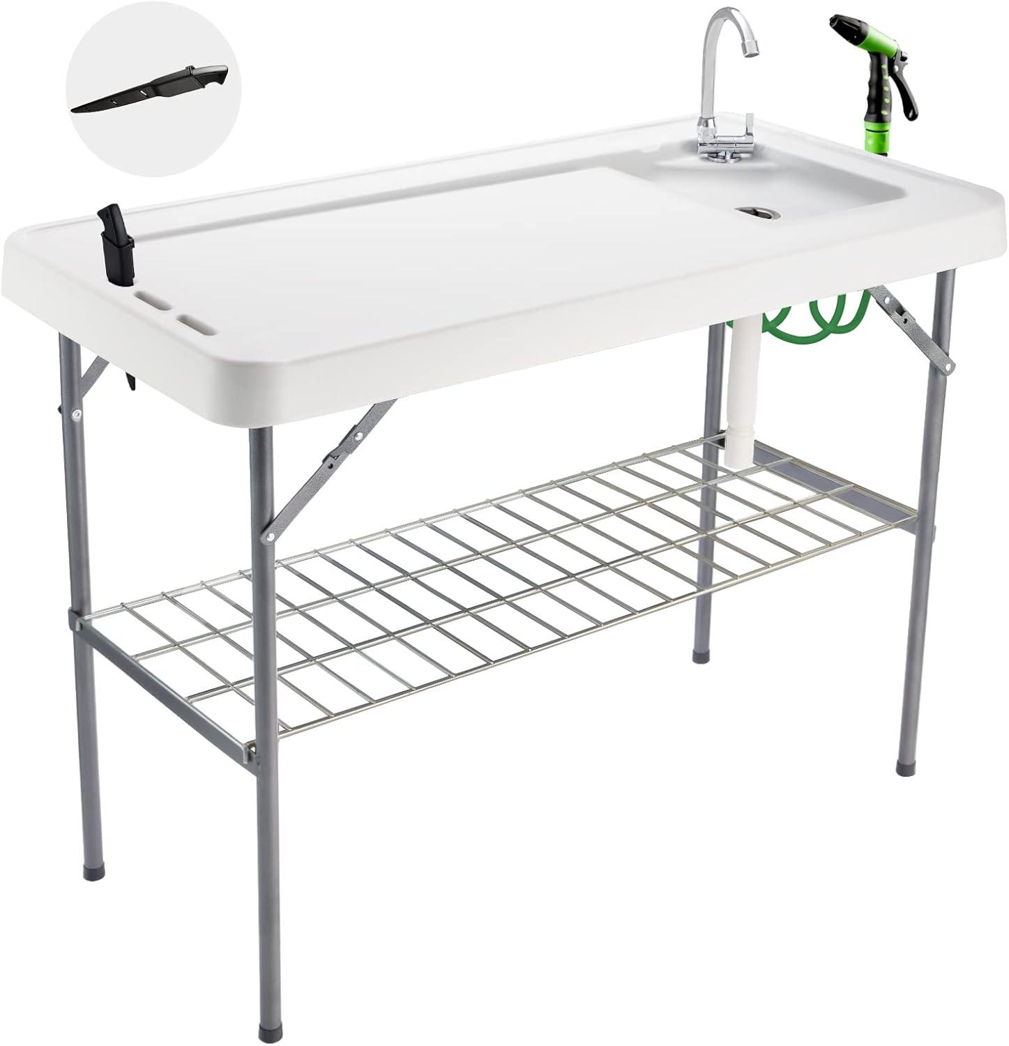 Folding Fish Cleaning Table Portable Camping Sink Table with Faucet Drainage Hose & Sprayer Outdoor Fish Fillet Cleaning Station with Grid Rack & Knife Groove for Picnic Fishing, Grey
