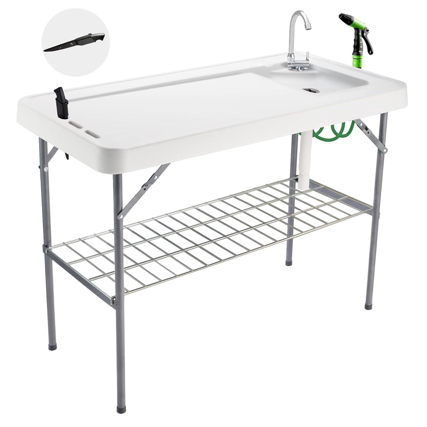 Folding Fish Cleaning Table Portable Camping Sink Table with Faucet Drainage Hose & Sprayer Outdoor Fish Fillet Cleaning Station with Grid Rack & Knife Groove for Picnic Fishing, Grey