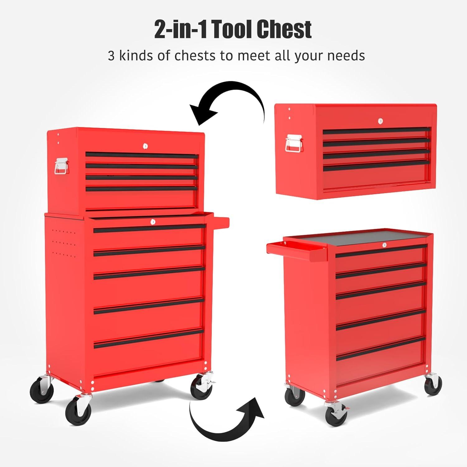 Multifunctional 5 Drawer Rolling Tool Chest, Powder-Coated Steel Construction Tool Cart with Pull Handle and lock for Garage, Warehouse, Workshop, Repair Shop, Red