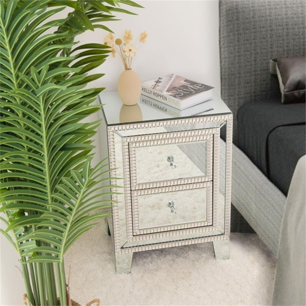 Mirrored 2-Drawer Beveled Nightstand with Acrylic Handles