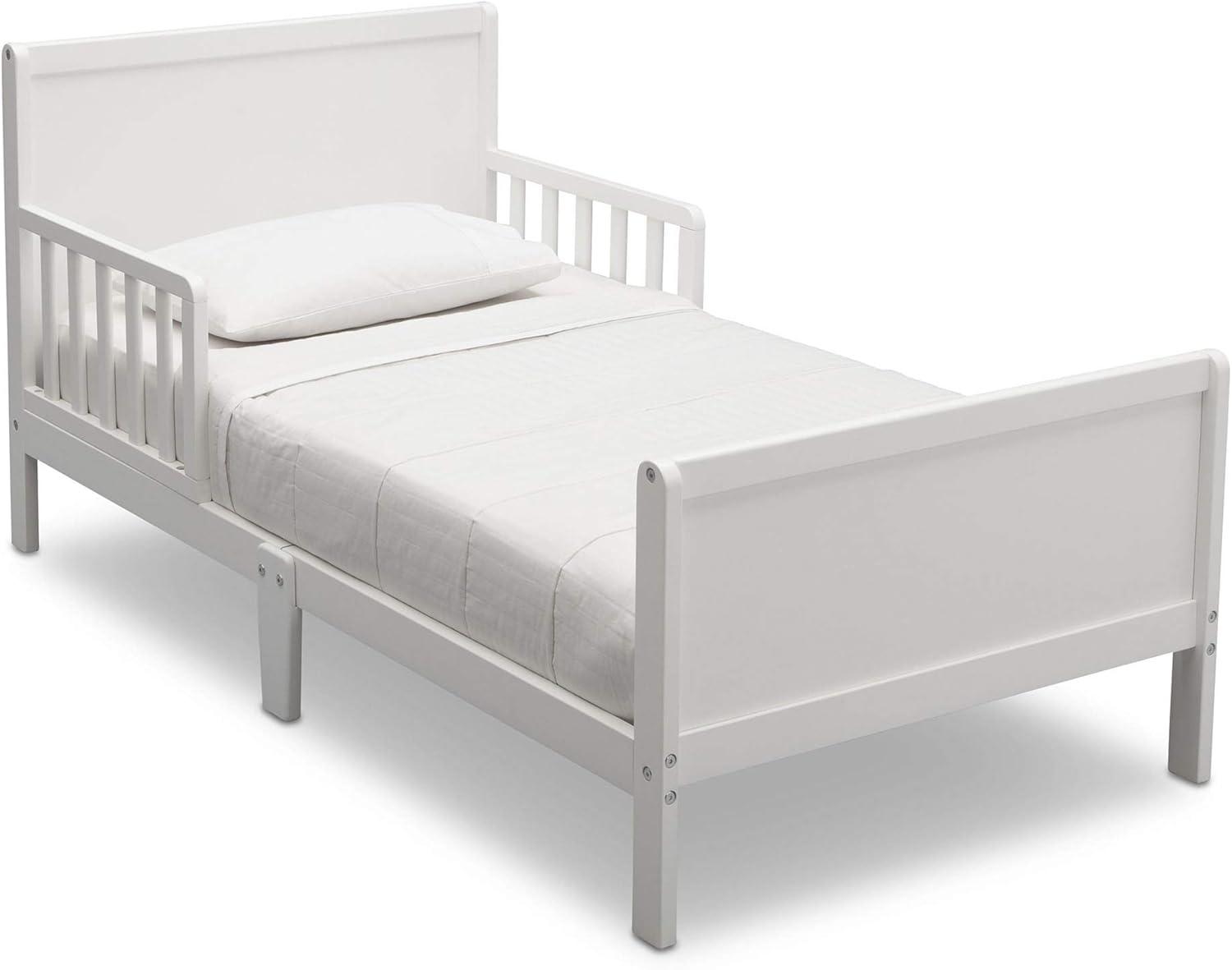 White Wood Toddler Bed with Guardrails and Headboard