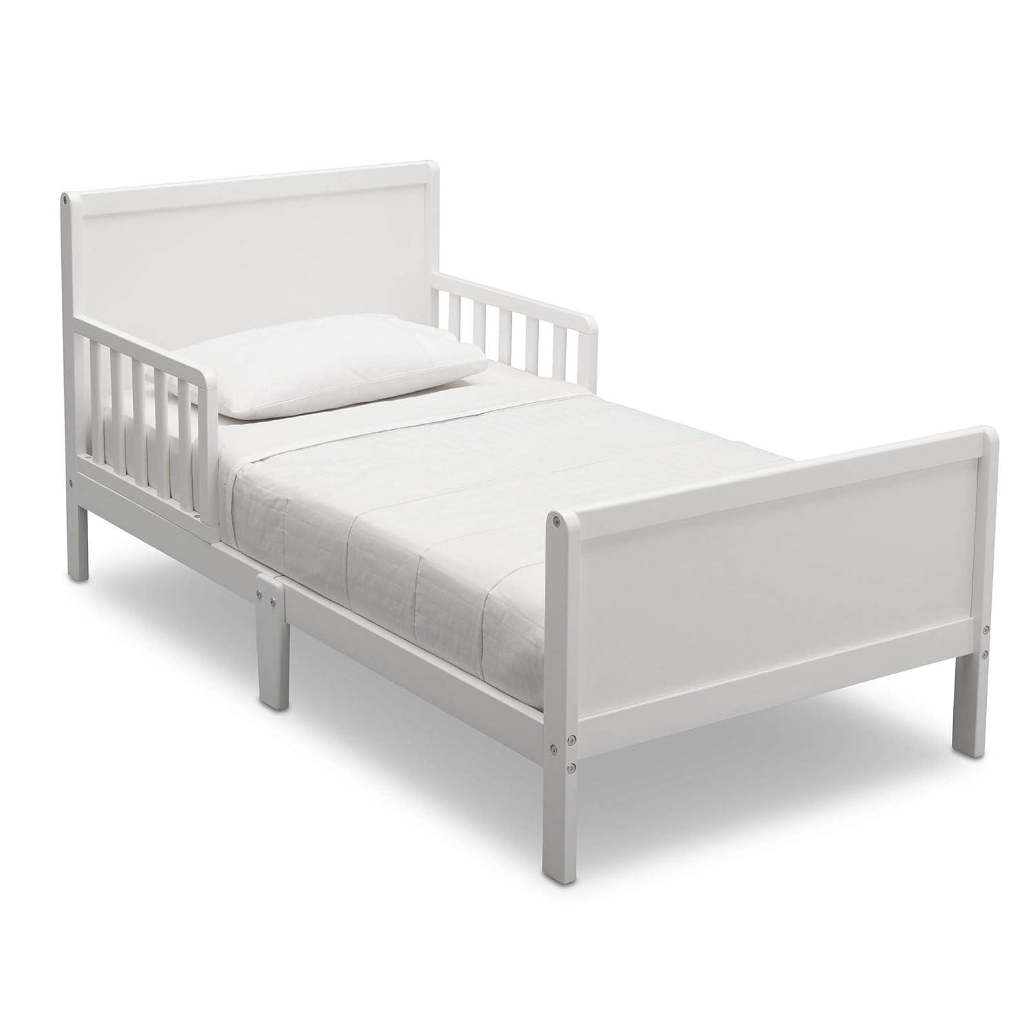 White Wood Toddler Bed with Guardrails and Headboard