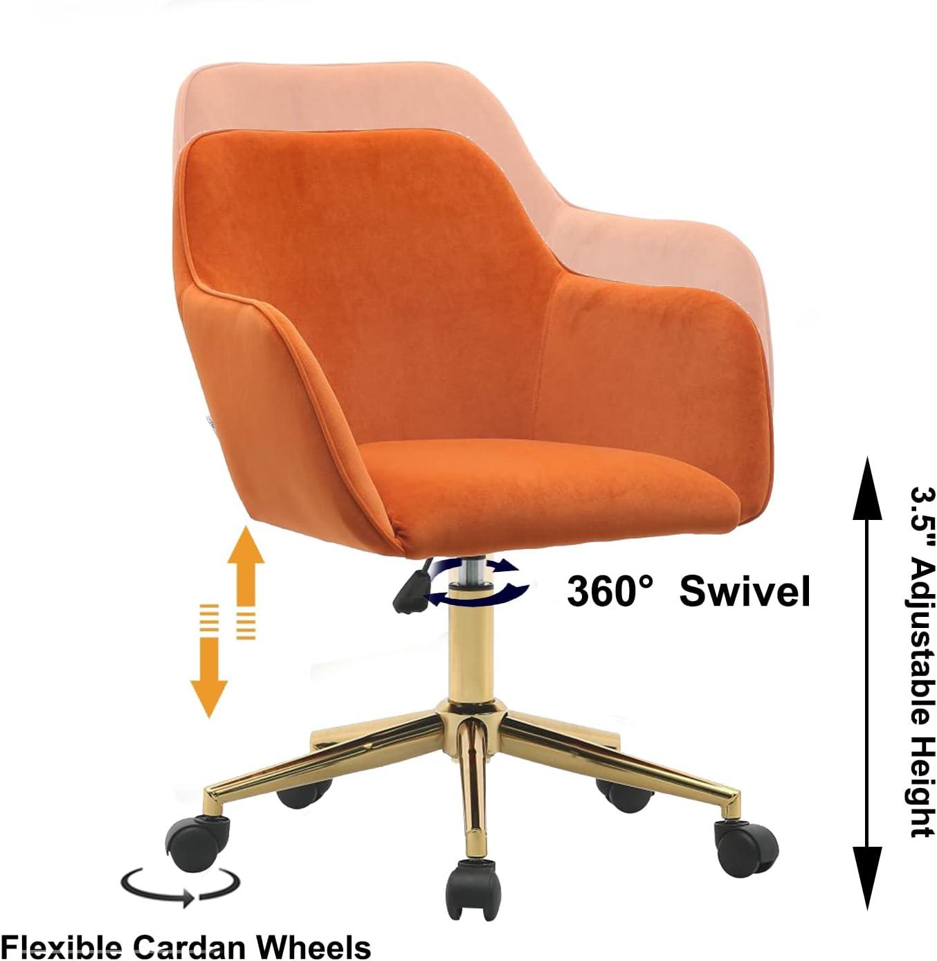 Modern 360°Swivel Velvet Office Chair, Mid-Back Desk Chairs with Wheels, Adjustable Home Office Chair with Side Arms, Gold Metal Base, Cute Desk Chair for Bedroom, Home Office, Vanity Room, Orange