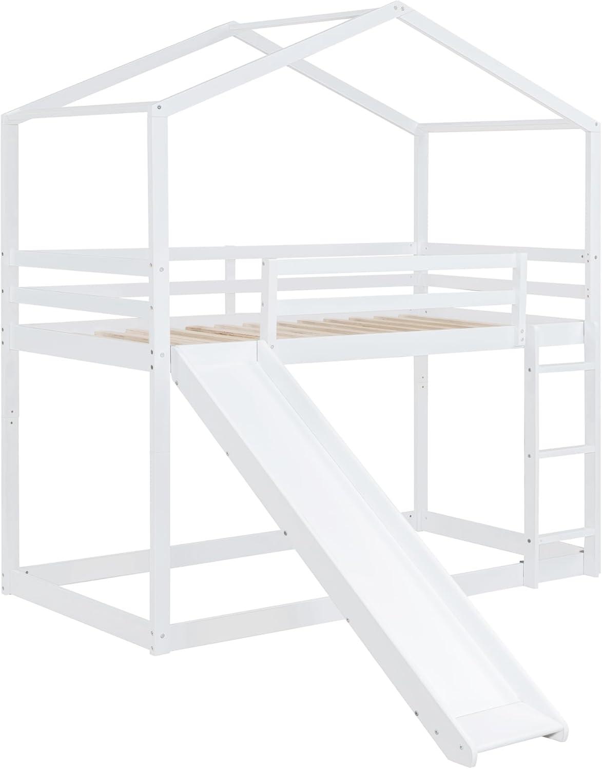 Kids House Bunk Bed with Slide, Solid Wood Bunk Beds Twin Over Twin Size with High Guardrail, Able to Split, Kids Loft/Bunk Bed, Storage Space, Noise Free, Easy Assembly (White)
