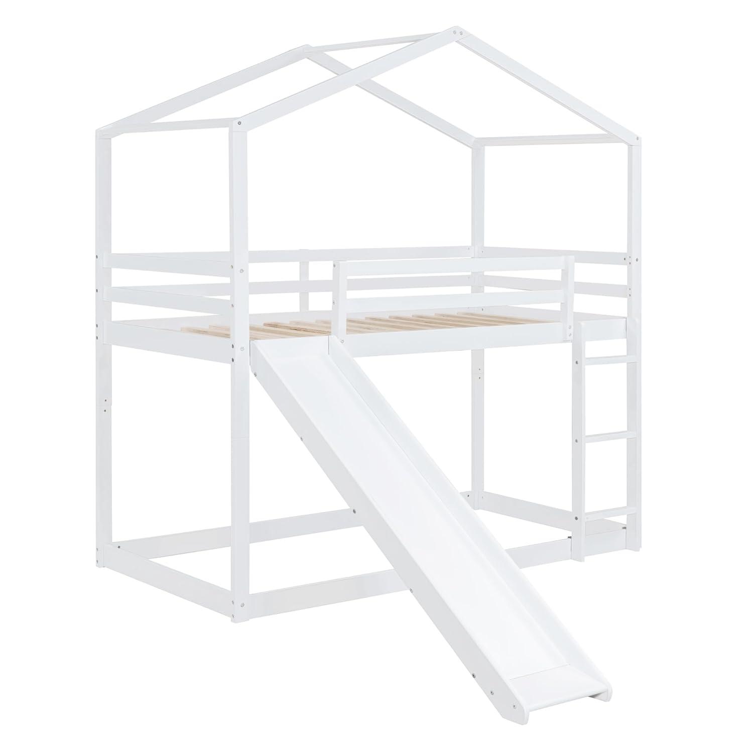 Kids House Bunk Bed with Slide, Solid Wood Bunk Beds Twin Over Twin Size with High Guardrail, Able to Split, Kids Loft/Bunk Bed, Storage Space, Noise Free, Easy Assembly (White)