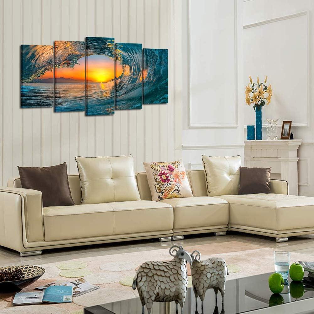 Large 5 Piece Sea Waves Wall Art Modern Framed Giclee Canvas Prints Seascape Artwork Ocean Beach Pictures Paintings On Canvas For Living Room Home Office Decor (Large Size 60X32inch)