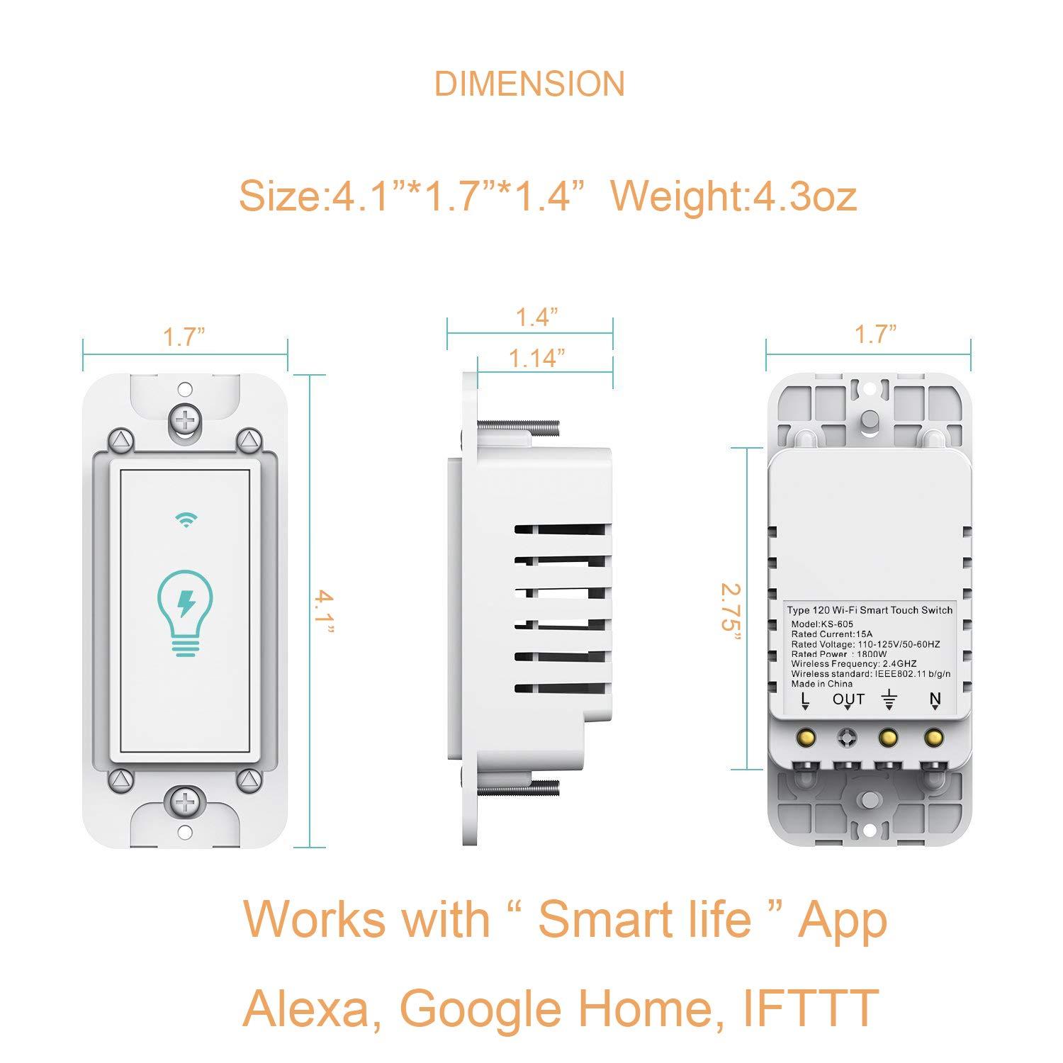 Smart Light Switch, Compatible with Alexa, Google Assistant, IFTTT, WiFi Light, Neutral Wire Required, Schedule Setting APP Remote Control, ETL, No Hub Required (Smart Switch 2pack)