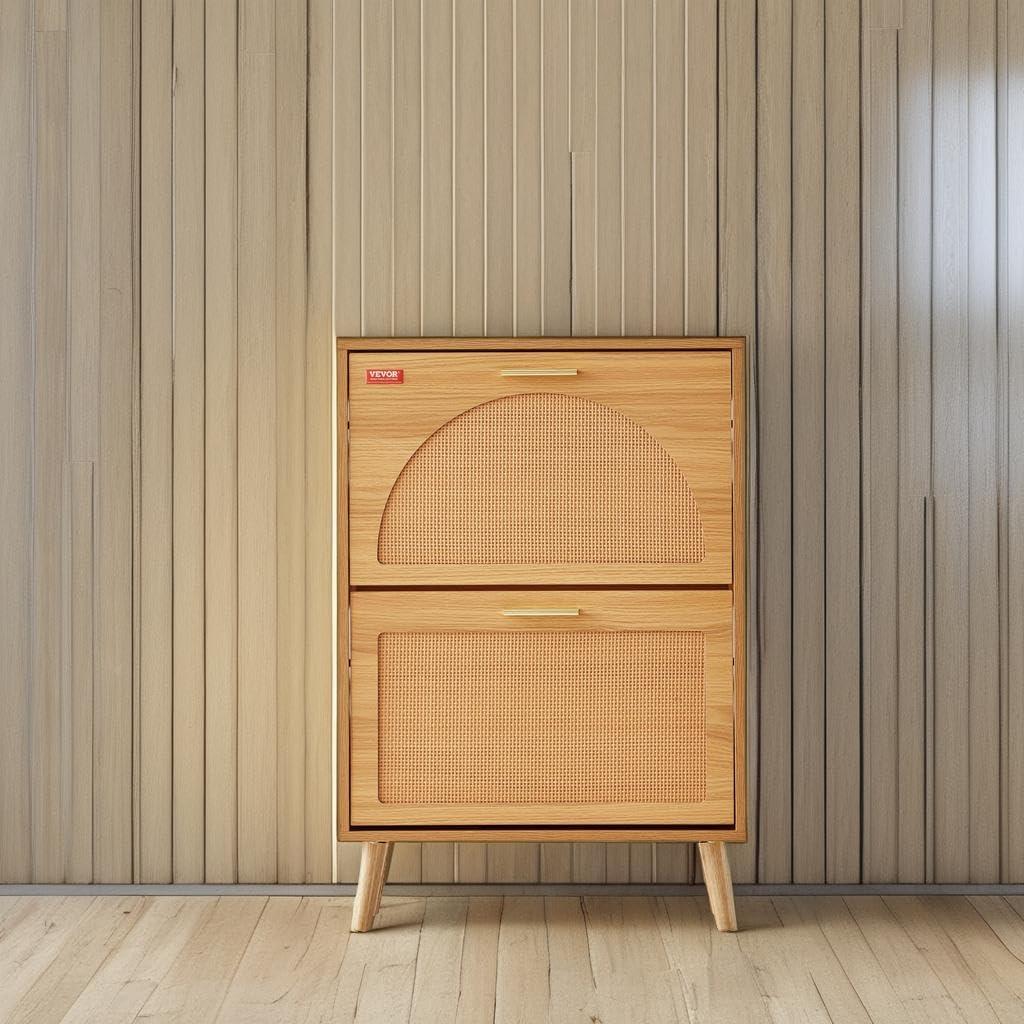 Natural Wood and Rattan 2-Drawer Shoe Cabinet