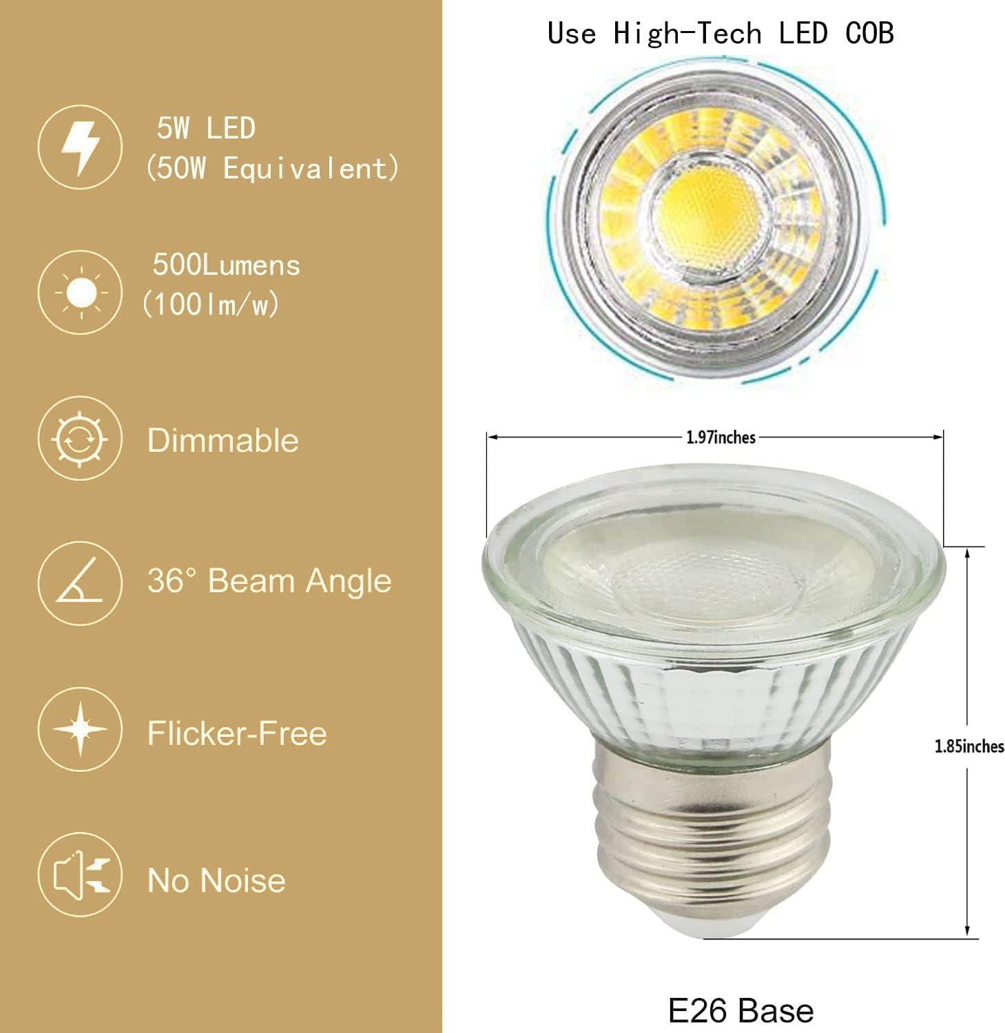 Drart Led Bulb Spotlight PAR16 5W Dimmable Short Halogen Light Bulb 50W Equivalent, LED Replacement for Halogen Bulb, E26 Screw Base, 120V HR16, 500lm Warm White (Pack of 6)