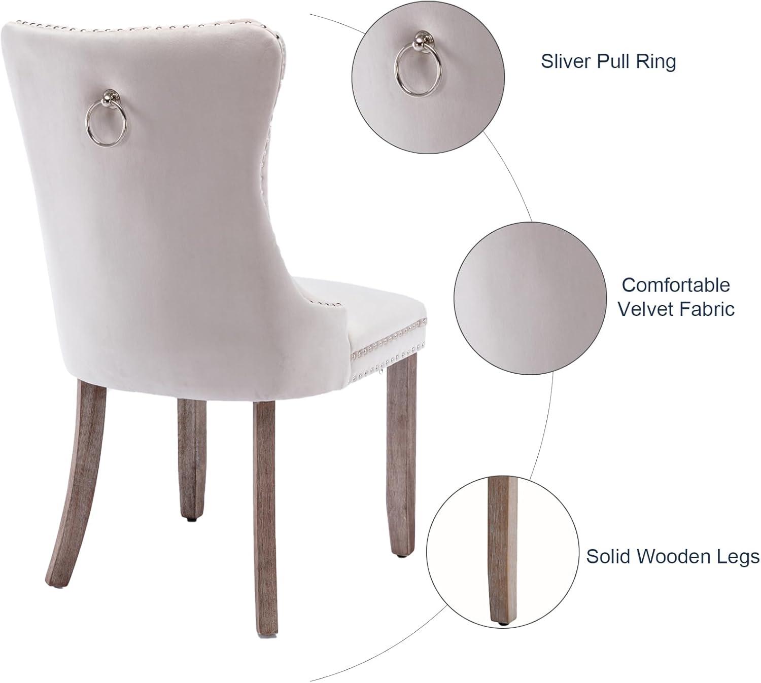 Beige Velvet Dining Chairs Set of 4, Upholstered Dining Room Chairs with Back Ring Pull Trim and Solid Wood Legs, Tufted Wingback Kitchen Chairs for Dining Room,Living Room,Kitchen(Beige)