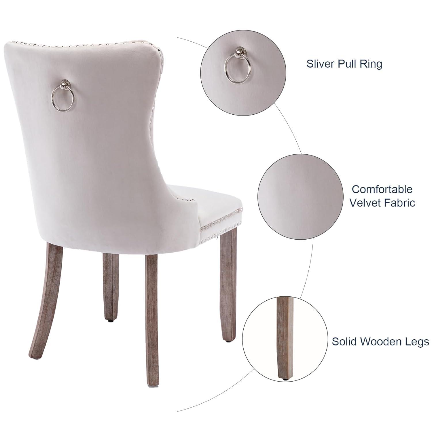 Beige Velvet Dining Chairs Set of 4, Upholstered Dining Room Chairs with Back Ring Pull Trim and Solid Wood Legs, Tufted Wingback Kitchen Chairs for Dining Room,Living Room,Kitchen(Beige)
