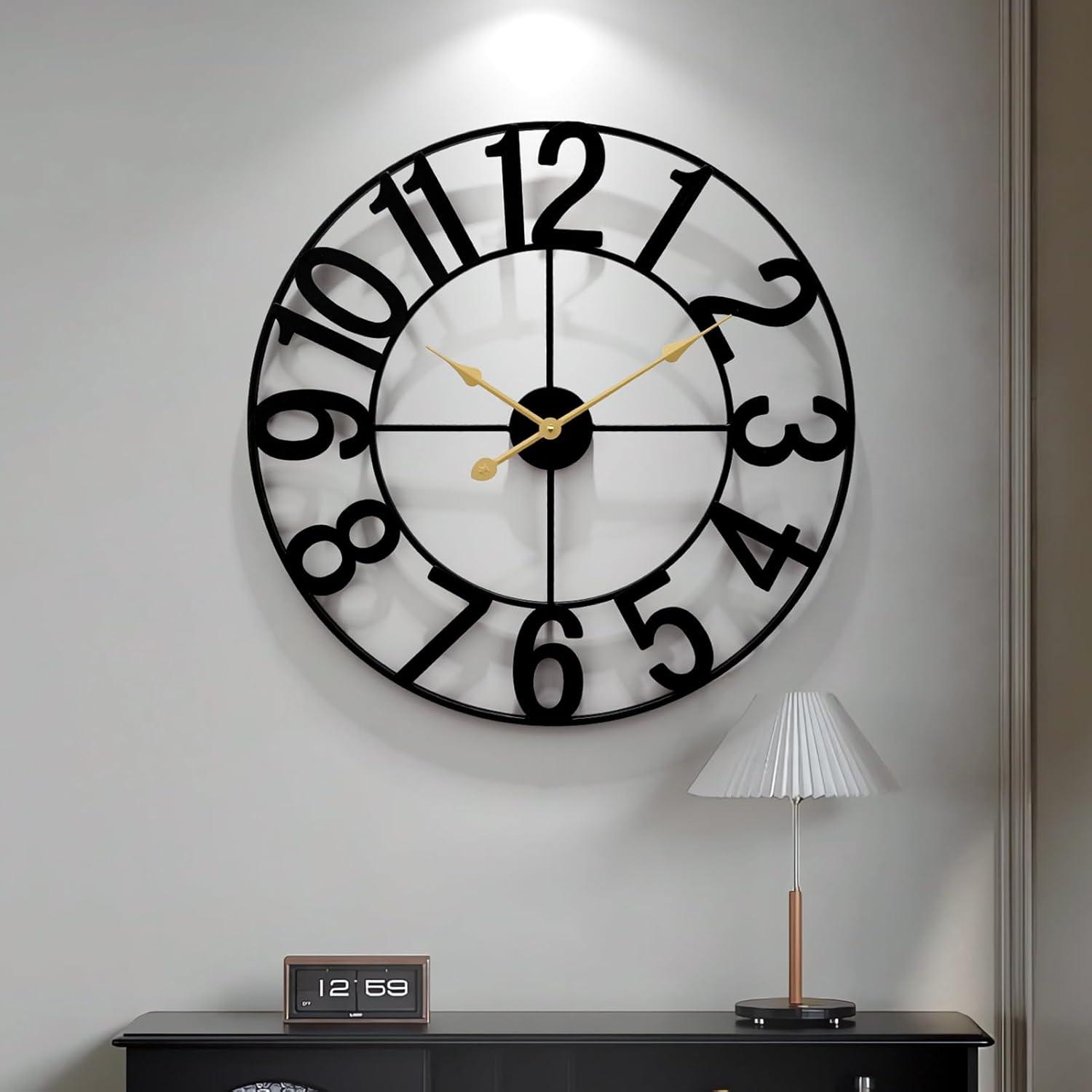 Oversized Black Metal Analog Wall Clock with Arabic Numerals