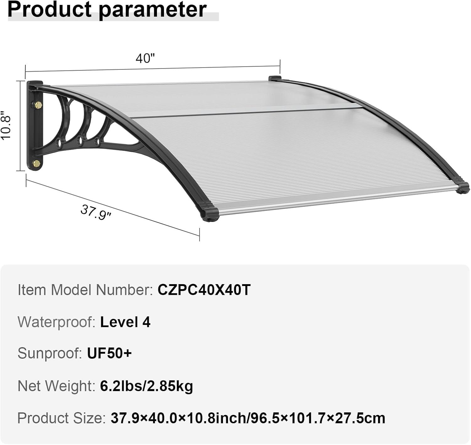 VEVOR Window Door Awning Canopy 40" x 40", UPF 50+ Polycarbonate Entry Door Outdoor Window Awning Exterior, Front Door Overhang Awning