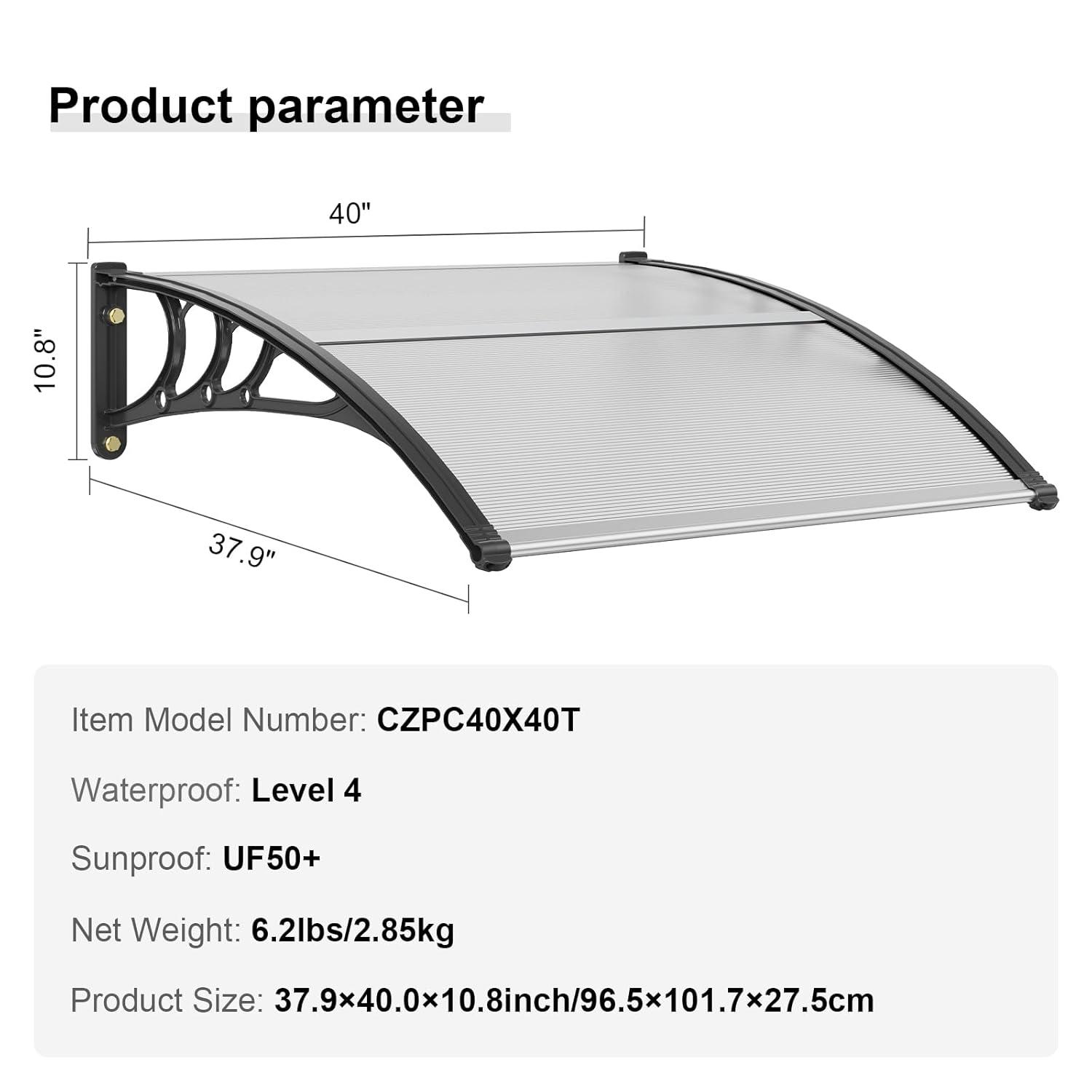 VEVOR Window Door Awning Canopy 40" x 40", UPF 50+ Polycarbonate Entry Door Outdoor Window Awning Exterior, Front Door Overhang Awning