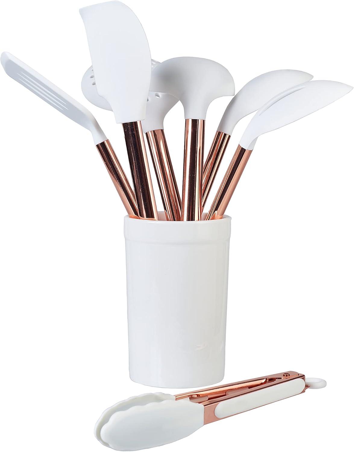 White and Rose Gold 8-Piece Utensil Set with Ceramic Crock