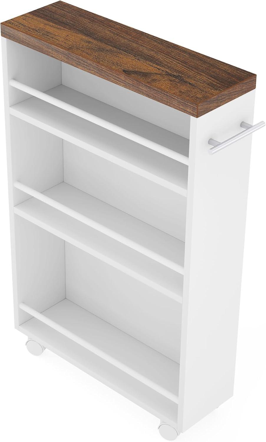 White and Brown Slim Rolling Kitchen Cart with Storage