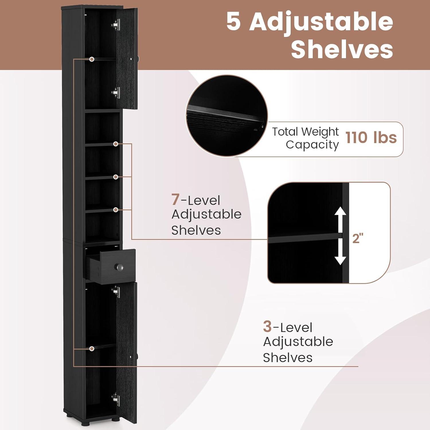 Tangkula Tall Slim Bathroom Storage Cabinet 71" Freestanding w/ 2 Doors 1 Drawer & 5 Adjustable Shelves Narrow Tower Cabinet for Small Spaces Black