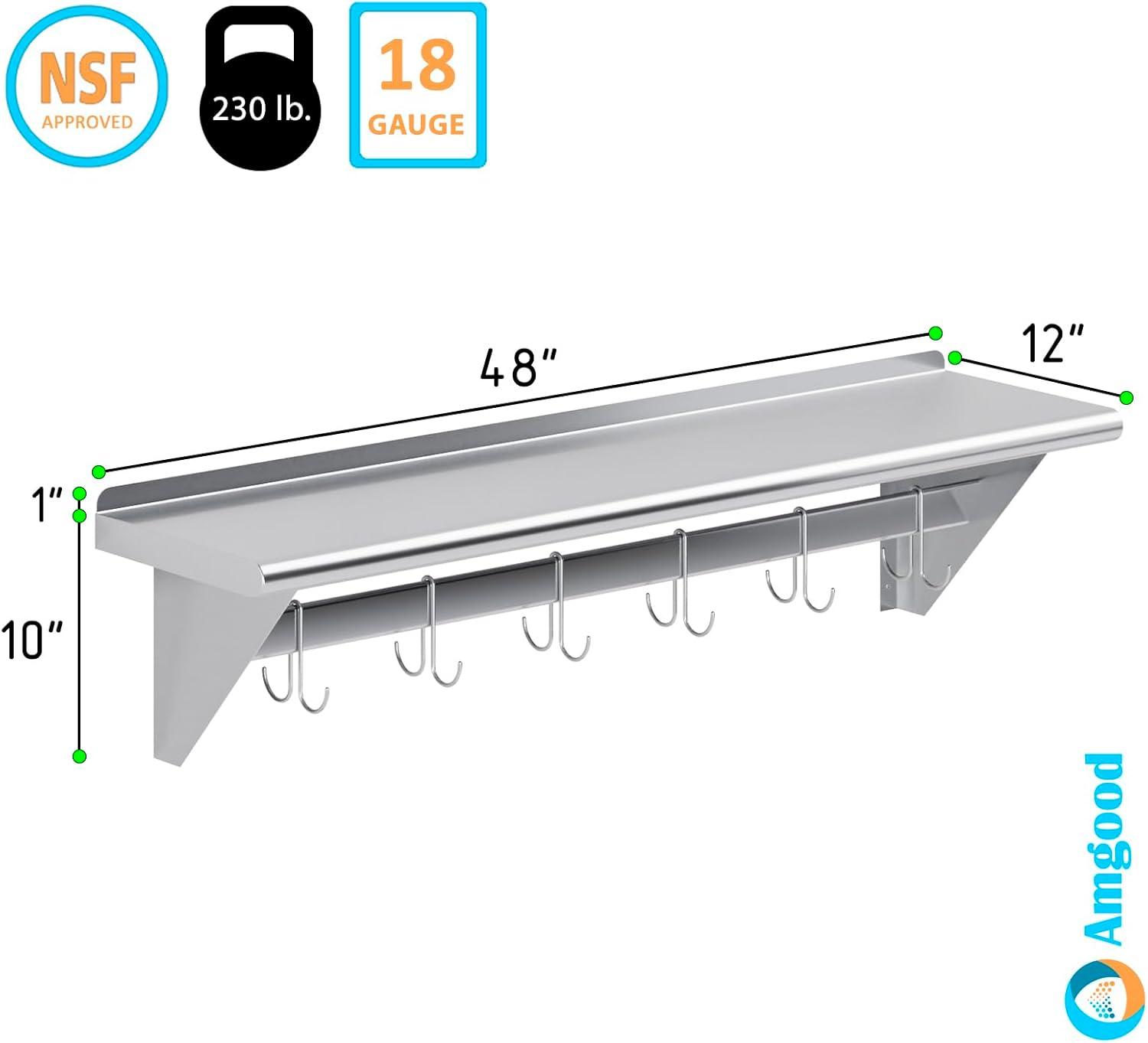 AmGood 12" x 48" Stainless Steel Wall Mounted Pot Rack with Shelf | NSF Certified