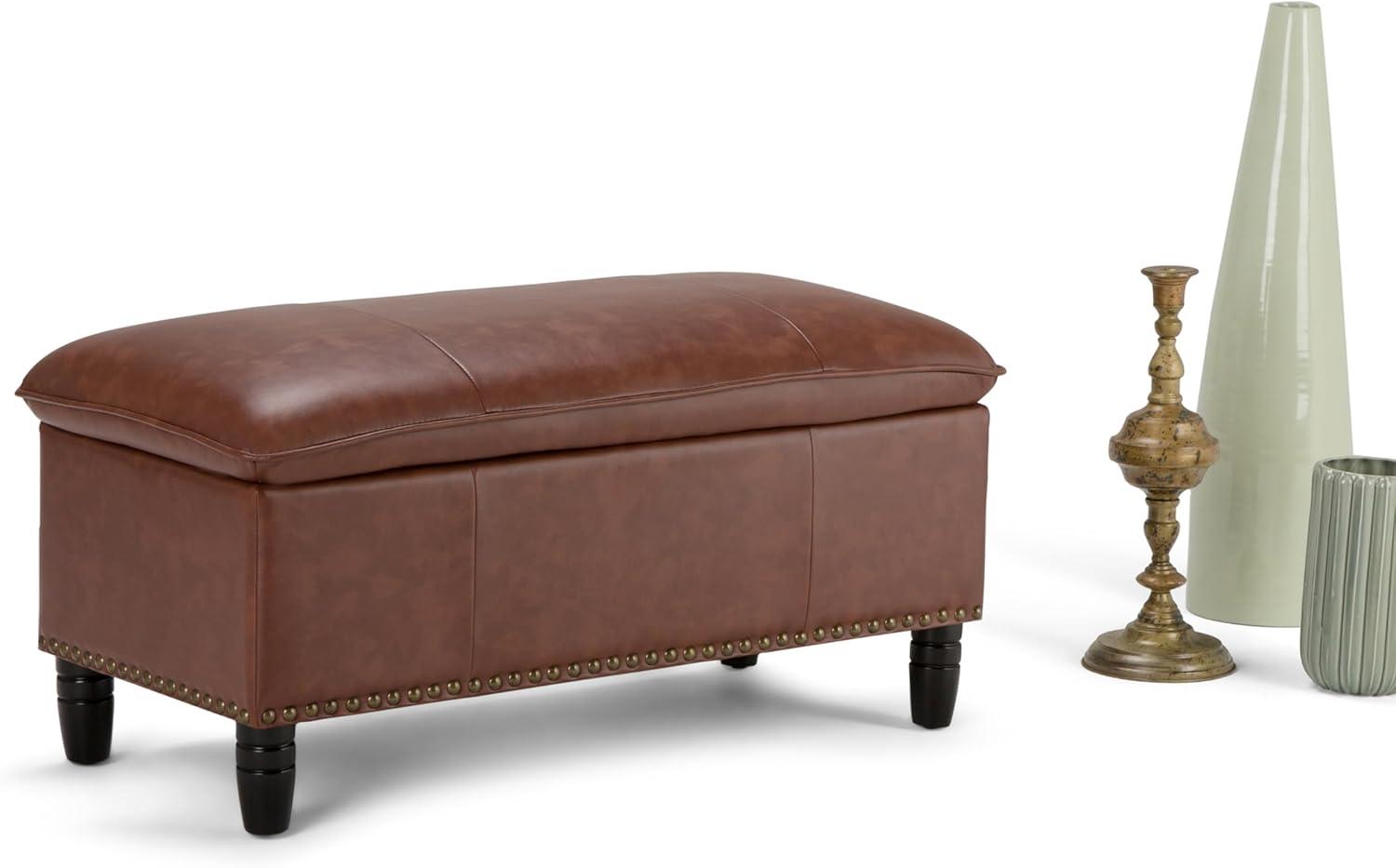 Emily 39 inch Wide Transitional Rectangle Storage Ottoman in Cognac Faux Leather