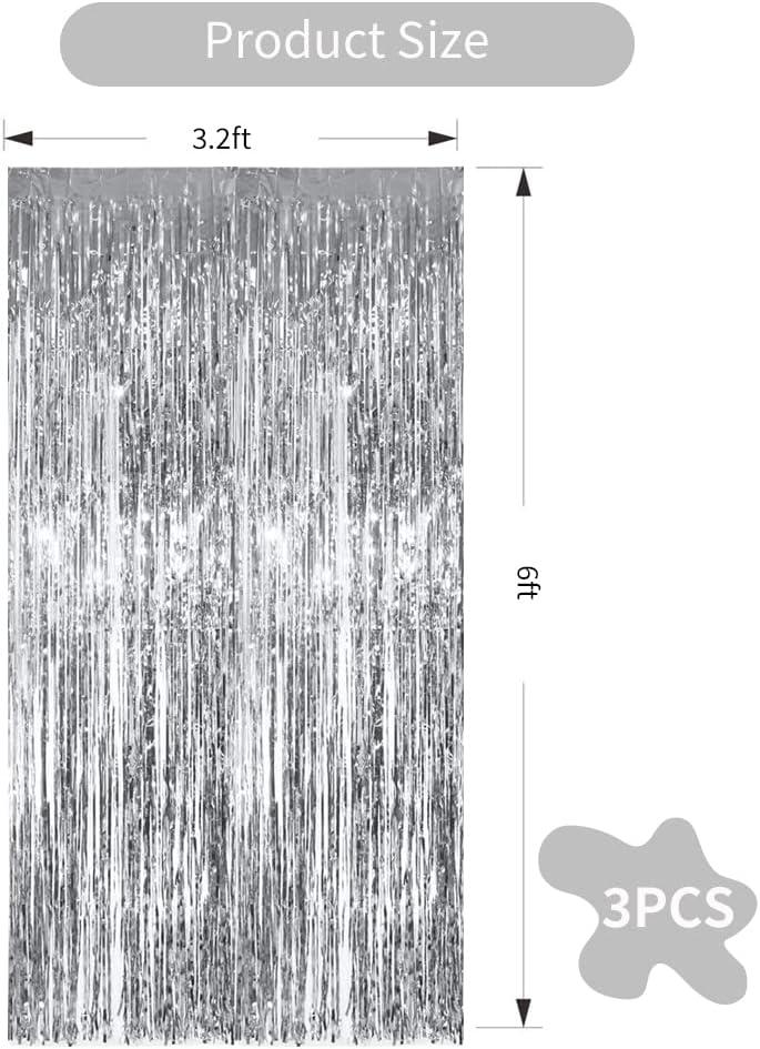 TONIFUL 3Pcs Silver Metallic Tinsel Foil Fringe Curtains,3.28ft x 6.56ft Silver Photo Booth Backdrop Streamer Curtain,Great for Bachelorette,Birthday,Christmas,New Year Party Decorations