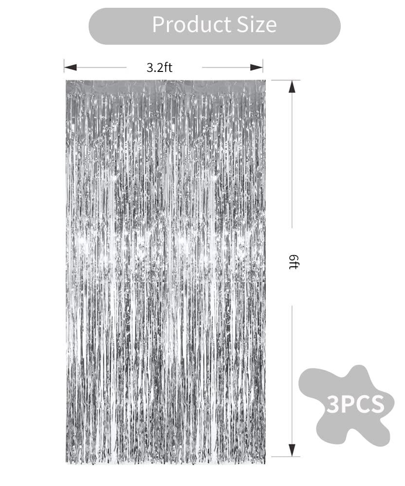 TONIFUL 3Pcs Silver Metallic Tinsel Foil Fringe Curtains,3.28ft x 6.56ft Silver Photo Booth Backdrop Streamer Curtain,Great for Bachelorette,Birthday,Christmas,New Year Party Decorations