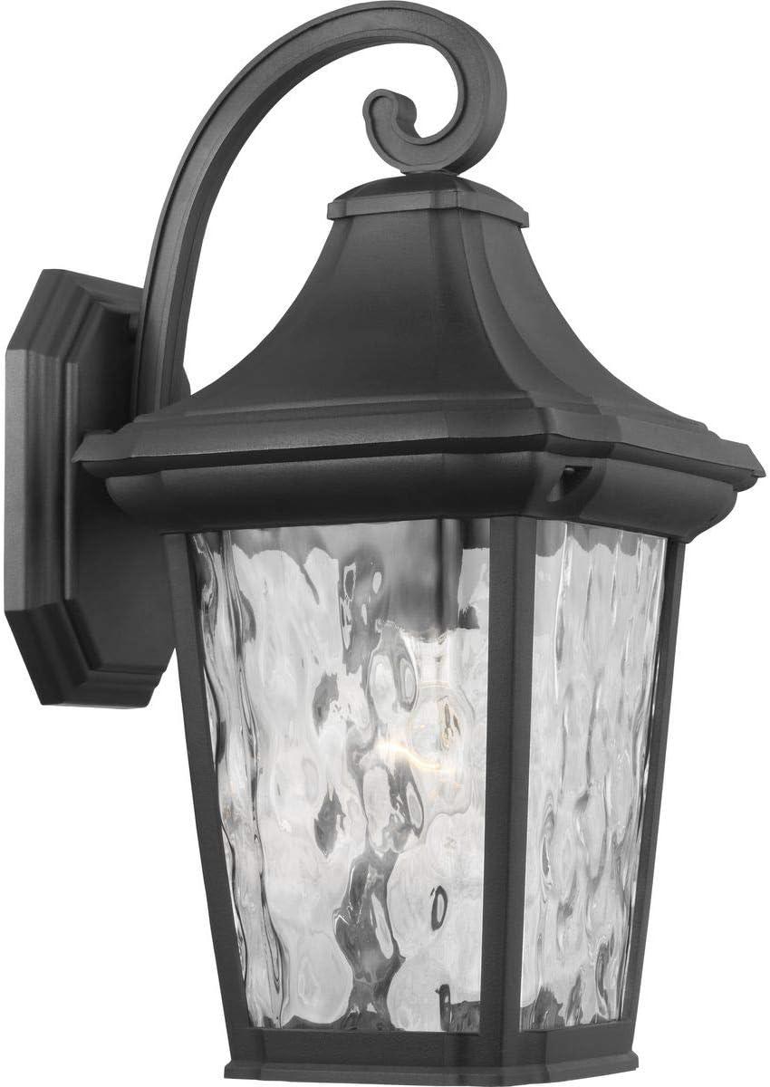 Progress Lighting Marquette 1-Light Outdoor Wall Lantern in Black with Water Glass Shade