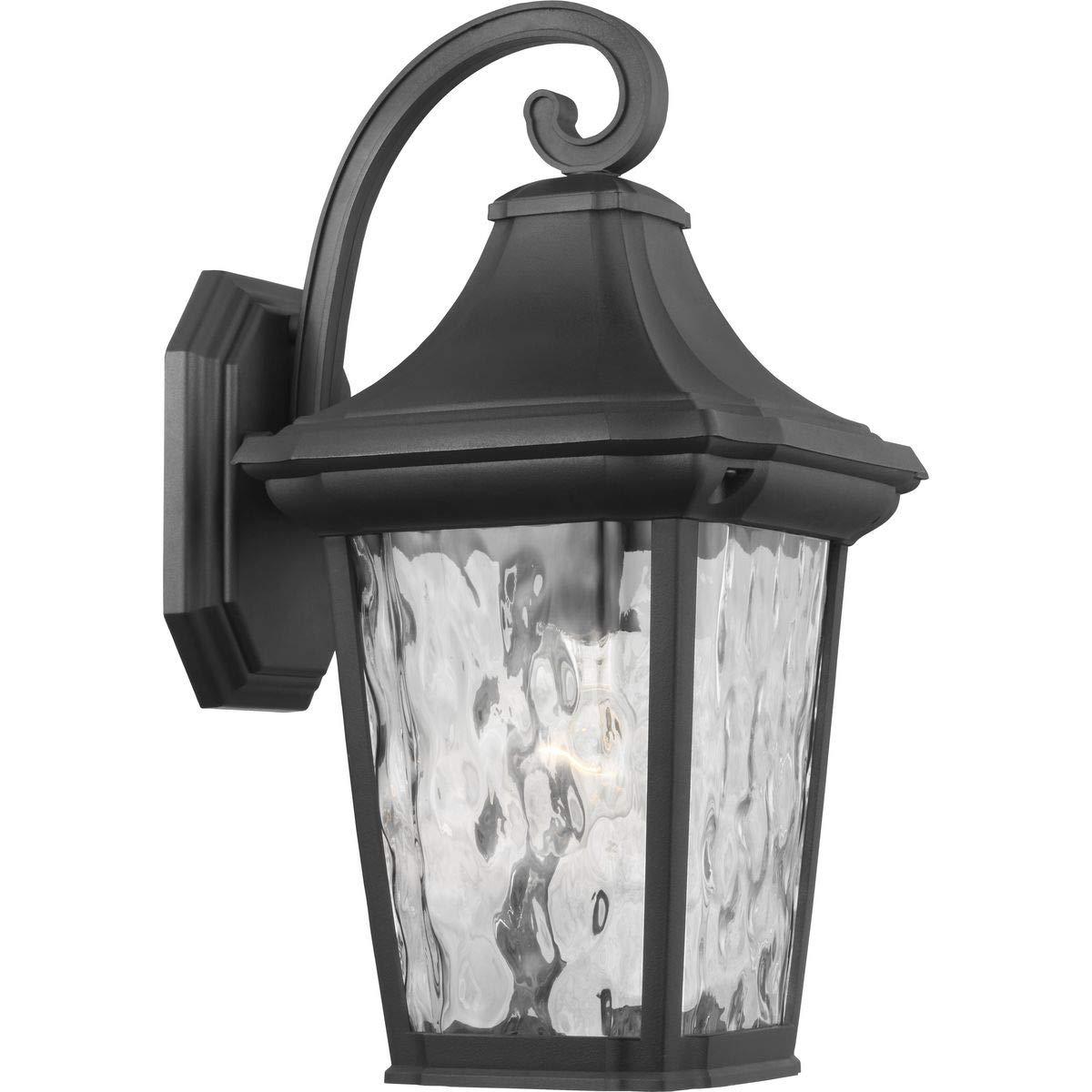 Progress Lighting Marquette 1-Light Outdoor Wall Lantern in Black with Water Glass Shade