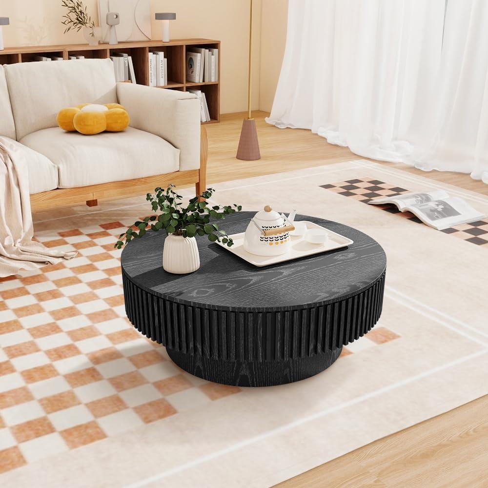 Round Coffee Table with Storage, Modern Wooden Coffee Table with Solid Wood Veneered, 31.5" Small Circle Center Table,Tea Table for Living Room,Home Small Space,Black