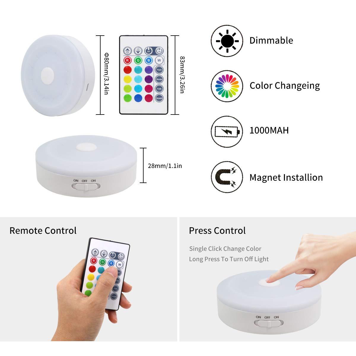 BASON LIGHTING Rechargeable Puck Lights with Remote, Color Changing Lights, Under Cabinet led Lighting, RGB Wireless Light for Kitchen, Closet, Display Case, 2 Pack