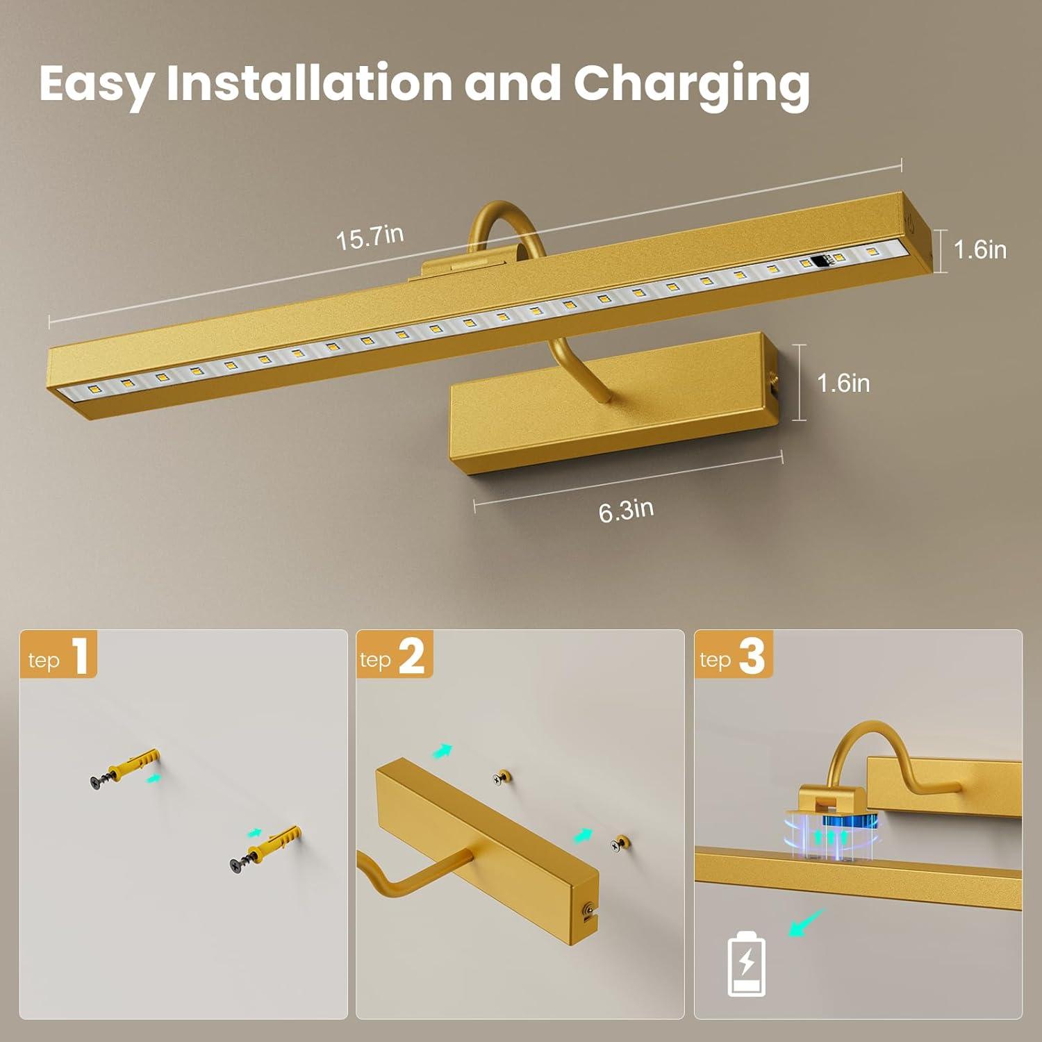 Bridika Picture Lights for Wall Battery Operated, 15.7in Wireless Rechargeable Wall Lights with Remote, 3 Color Temperatures, Dimmable Art Light for Paintings, Gallery, Dartboard, Portraits gold 1pack