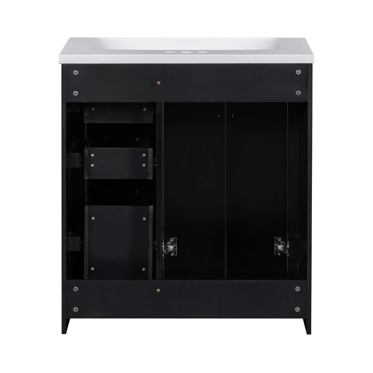 30" Bathroom Vanity with Single Sink, Modern Bathroom Vanity with 3 Drawers & 2 Doors, Solid Wood Bathroom Storage Cabinet with Undermount Sink, Black