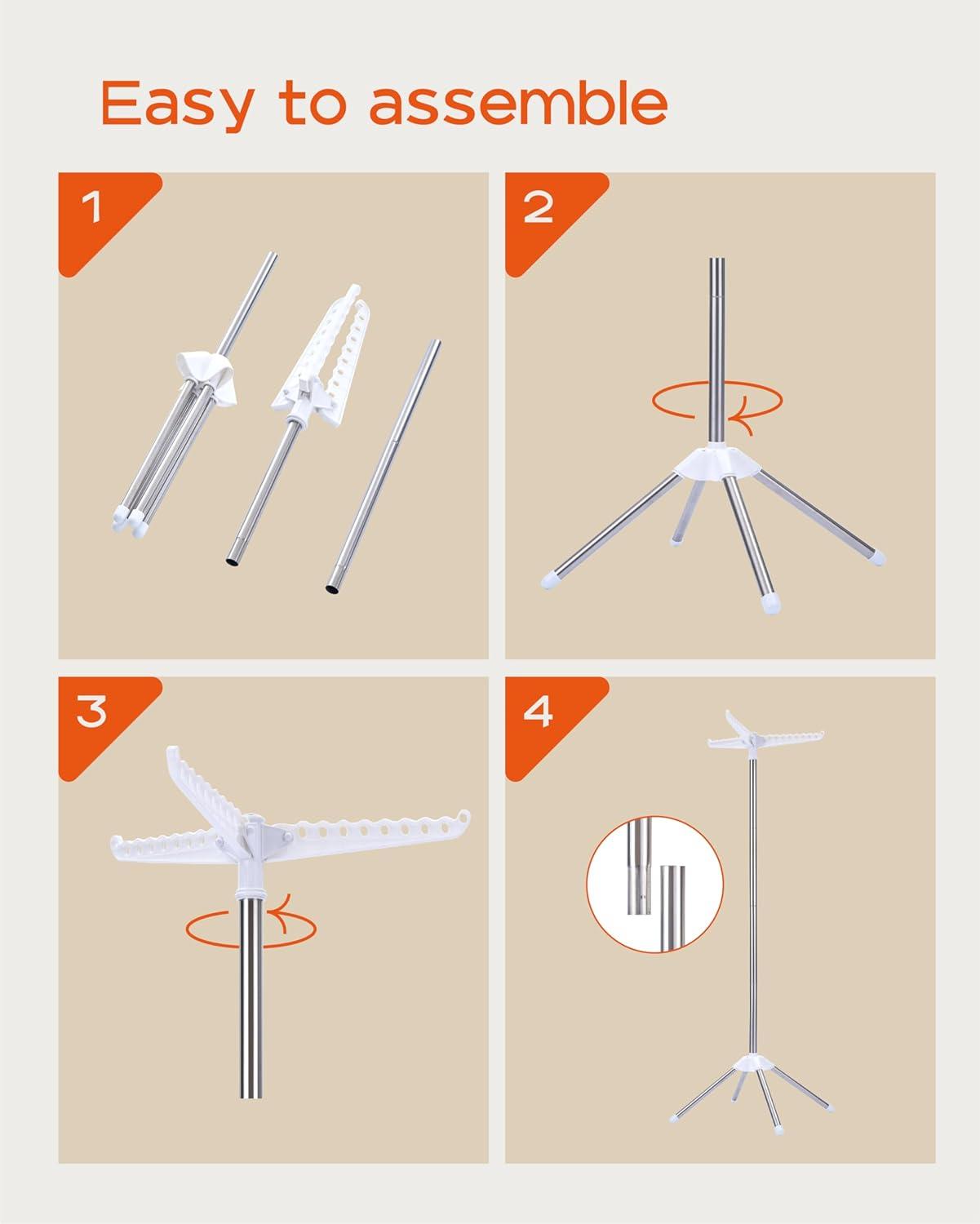 Clothes Drying Rack Foldable, 59 inch Tripod Laundry Drying Rack Indoor with Rotating Clothes Rail for 27 Pieces of Clothes, Space Saving, Stainless Steel, White and Silver CDR001W01