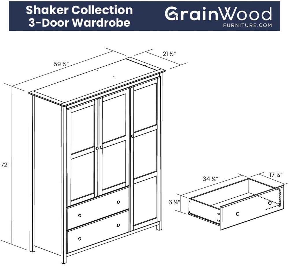 Shaker Cherry Solid Wood 3-Door Wardrobe Armoire