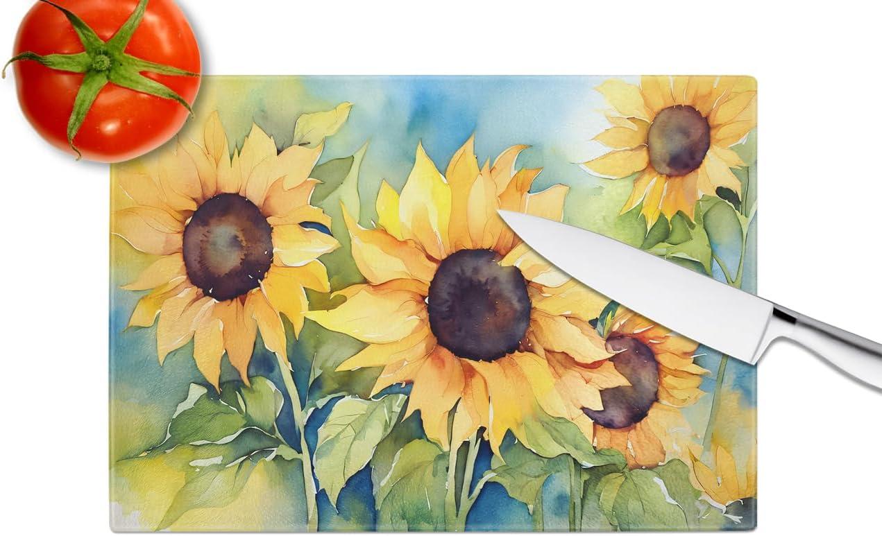 Sunflowers in Watercolor Glass Cutting Board Large