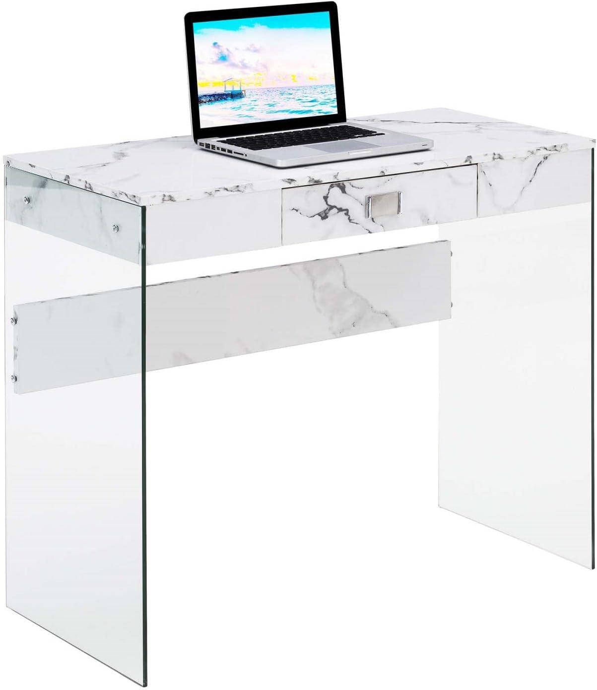 Convenience Concepts SoHo 30" Tall 1 Drawer Glass 36-inch Desk, White Faux Marble/Glass, All Ages