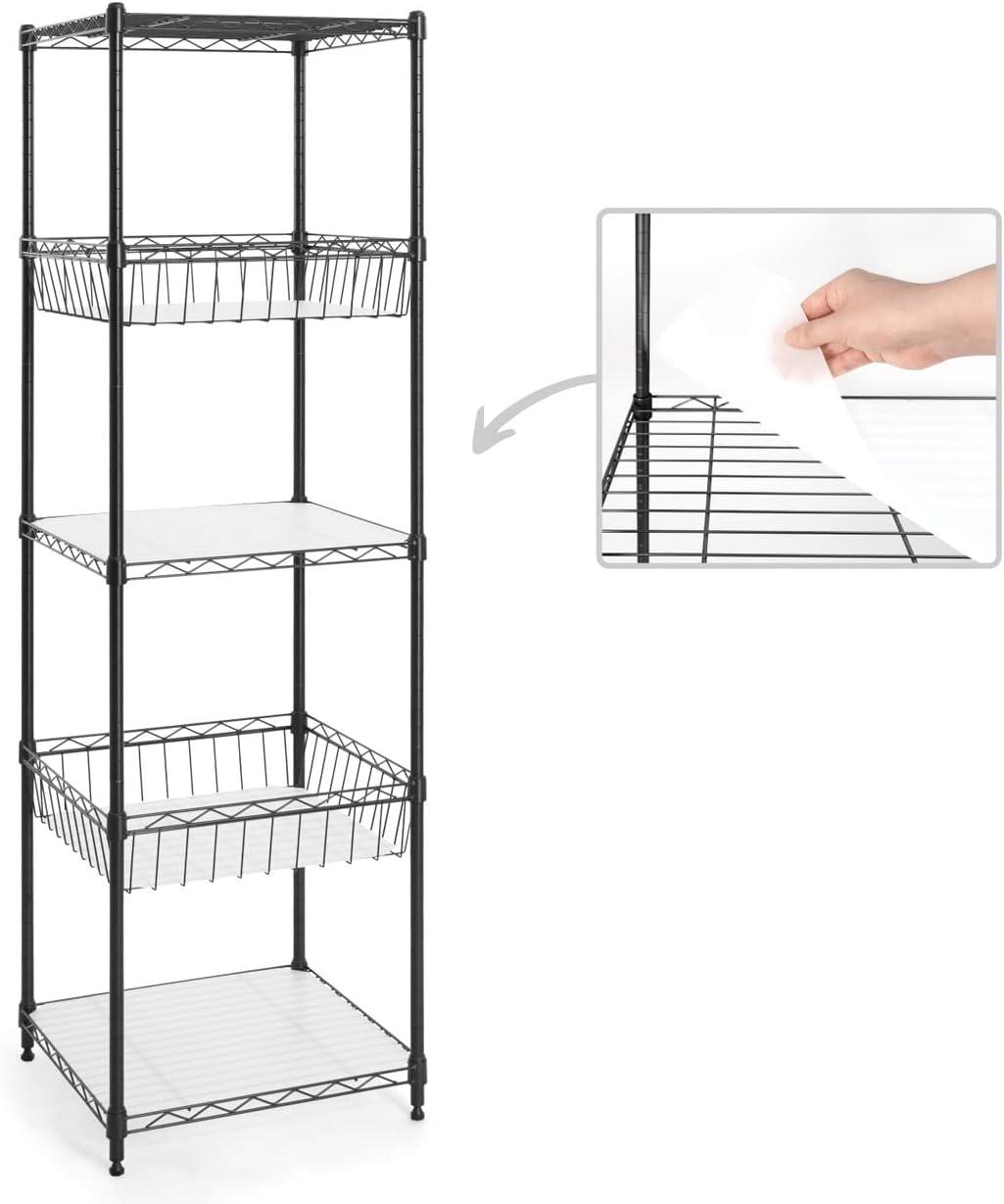 CAPHAUS NSF Adjustable Height 5 Tier Wire Shelving Unit w/ Basket & Liner, Black & Silver