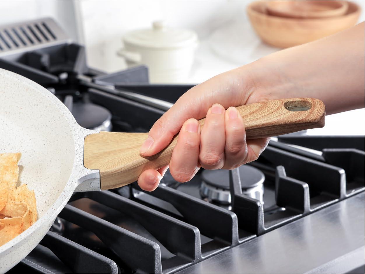 8-Inch White Ceramic Nonstick Aluminum Frying Pan with Woodgrain Handle