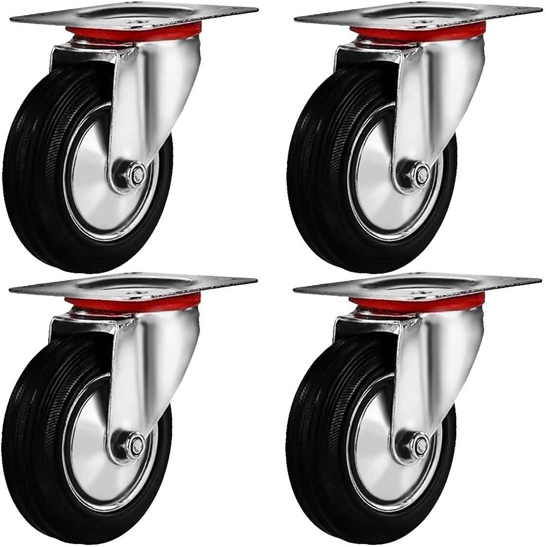 3 Inch Black Rubber Swivel Plate Casters, 4 Pack