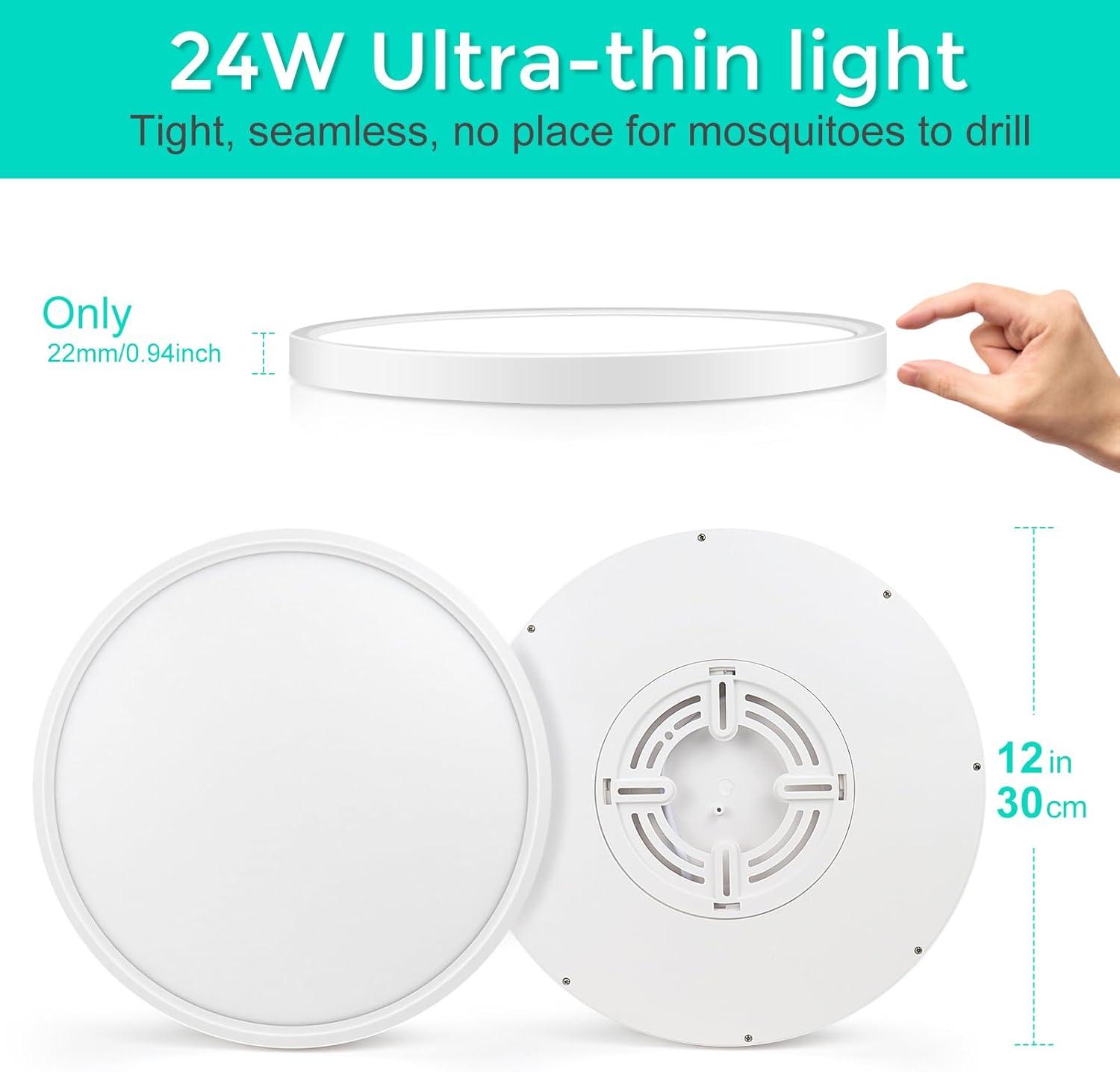 12 Inch LED Flush Mount Ceiling Light Fixture, 5000K Daylight White, 3200LM, 24W, Flat Modern round Lighting Fixture, 240W Equivalent White Ceiling Lamp for Kitchens, Stairwells, Bedrooms.Etc.